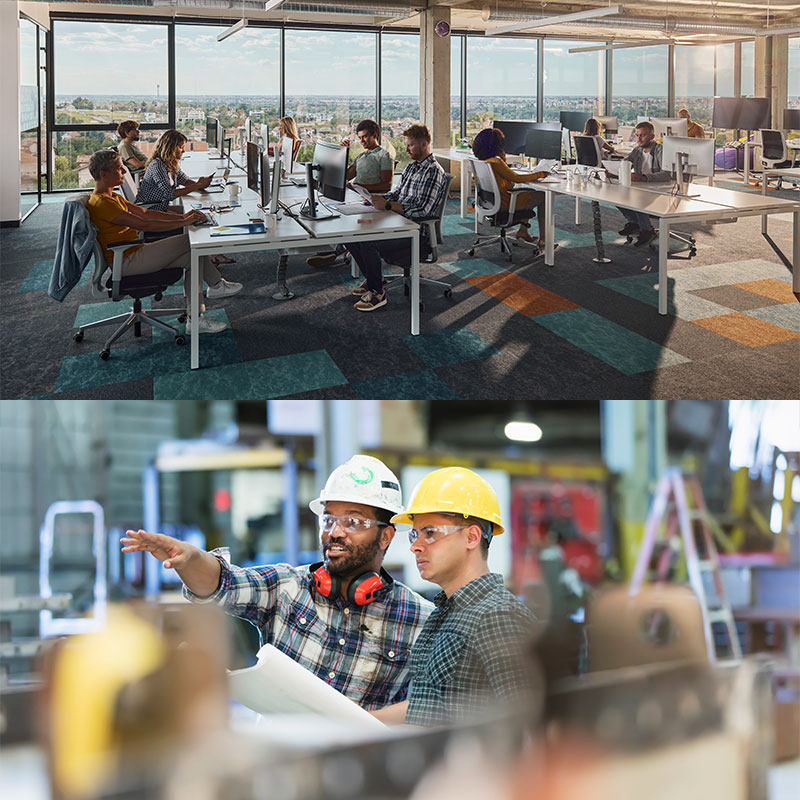 stacked photo of office job and manufacturing job